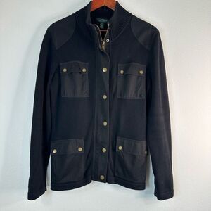 Lauren Ralph Lauren Black Mixed Media Knit Military Jacket Womens XL Casual 90s